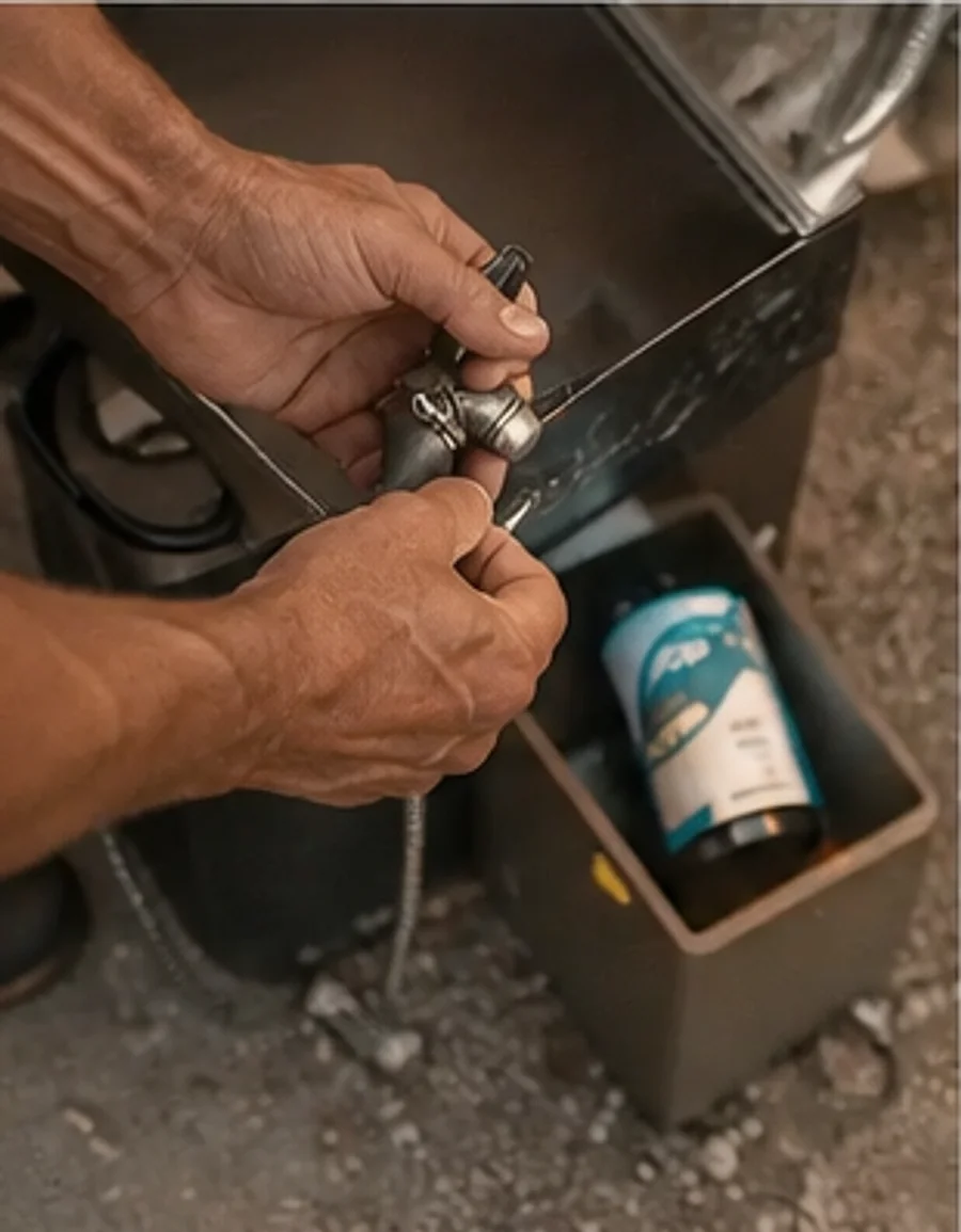Controle van de gasinstallatie in het gaskastje van een caravan