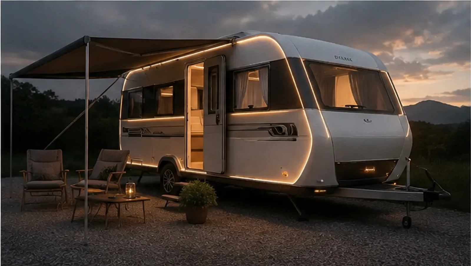 Moderne caravan met uitgeklapte luifel en verlichte binnenkant bij avondlicht