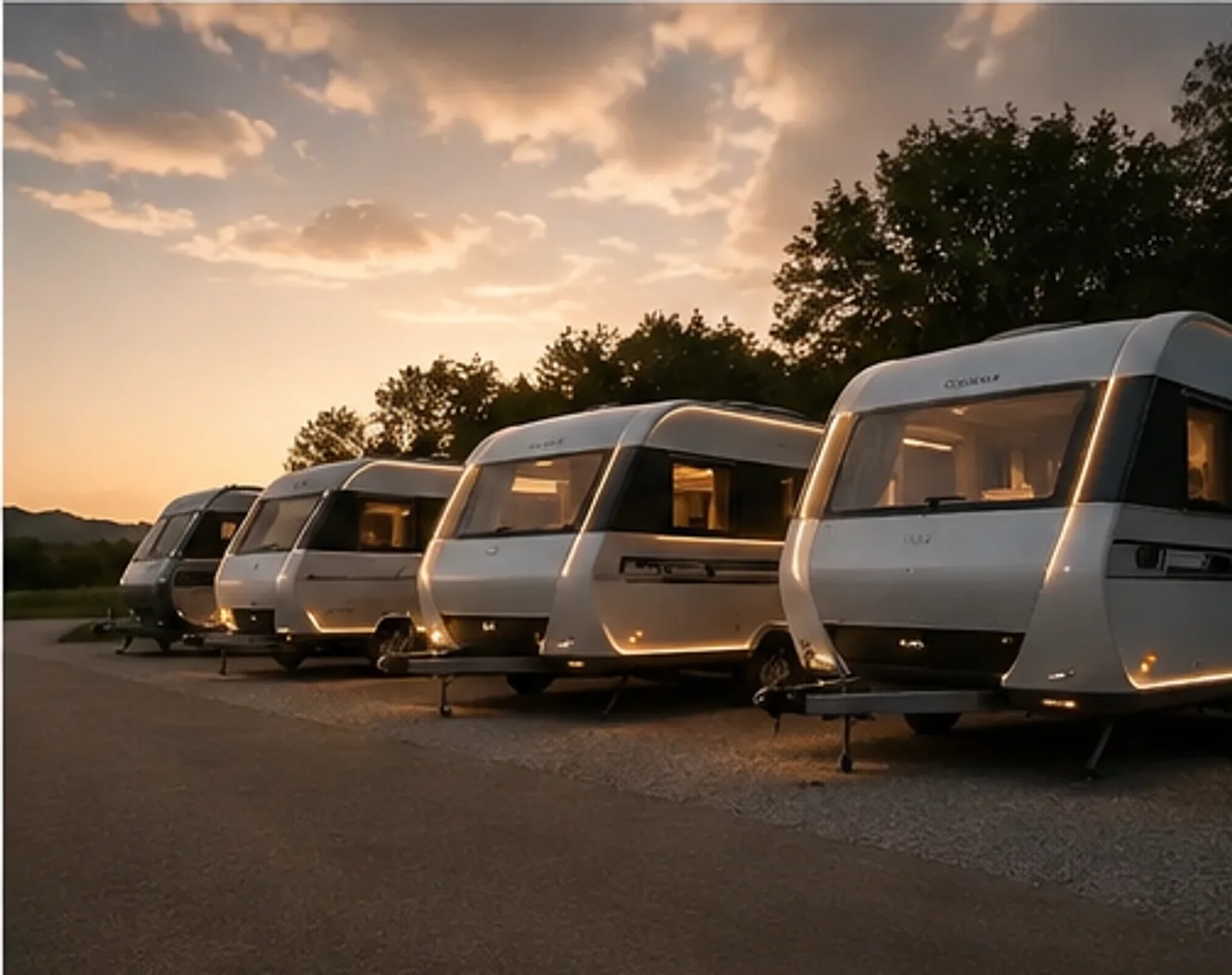 Rij moderne caravans naast elkaar opgesteld bij zonsondergang
