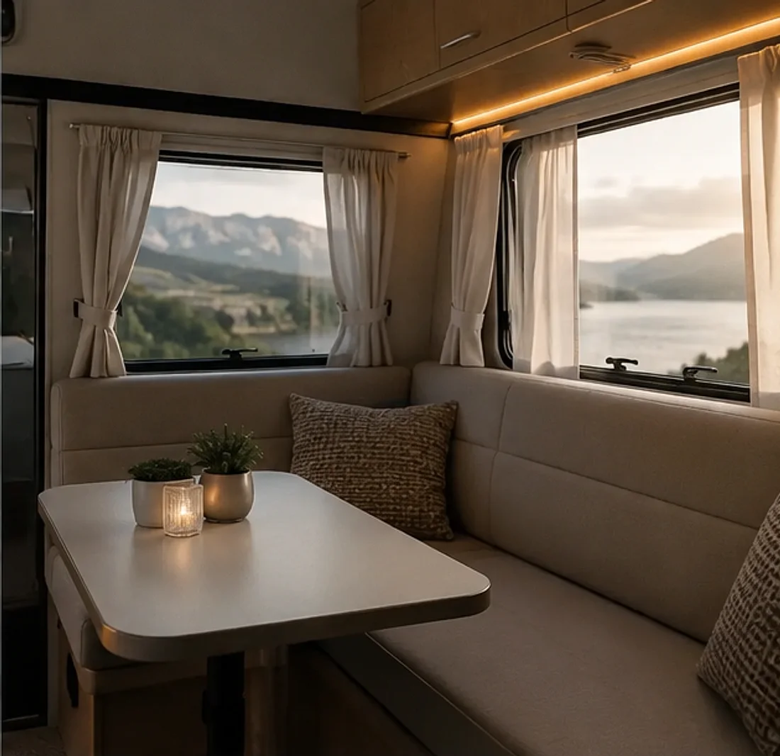 Zitgedeelte in een moderne caravan met uitzicht door het zijraam